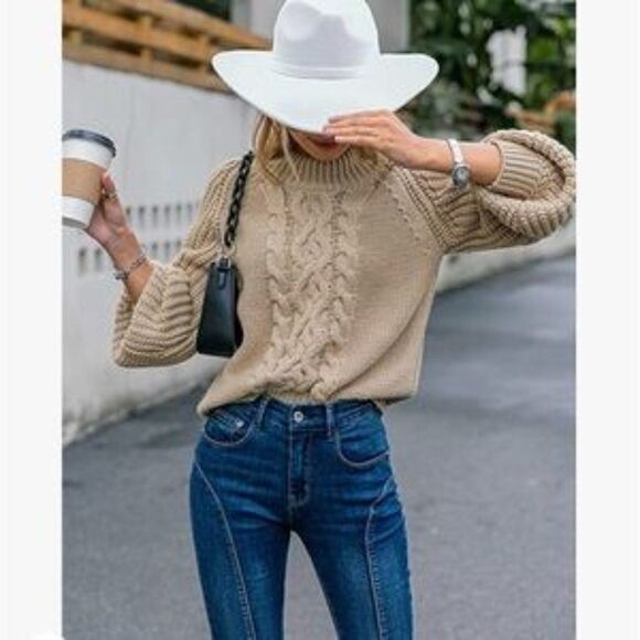 New Khaki Mock Neck Cable Knit Chunky Sweater - Picture 1 of 6